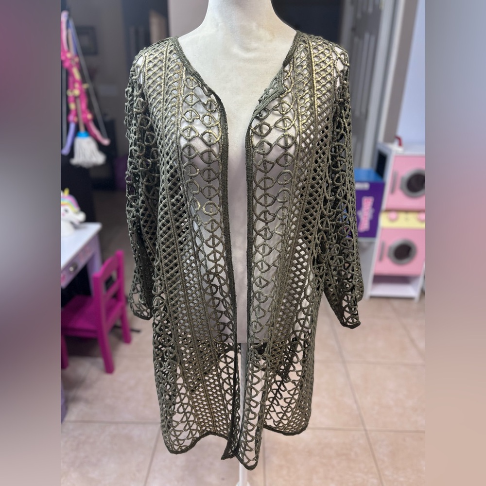 Chico's Green Swim Coverup with Long Sleeves and Open Front